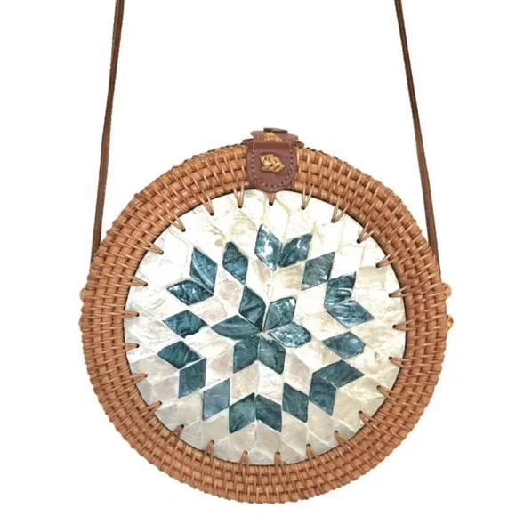 Handcrafted Shell Embellishment Rattan Leather Crossbody Bag Women’s - Picture 5 of 10